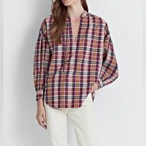 LAUREN RALPH LAUREN Women's Cotton Madras Tie-Neck Top Preppy Plaid Office sz L